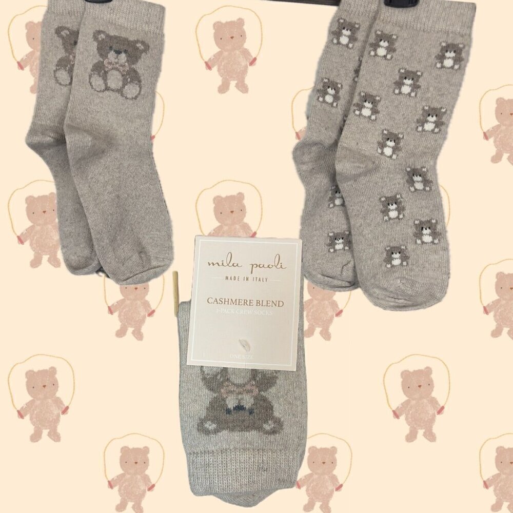 Mila Paoli Made In Italy Sand Teddy Bear Graphic Cashmere Wool Blend Crew Socks